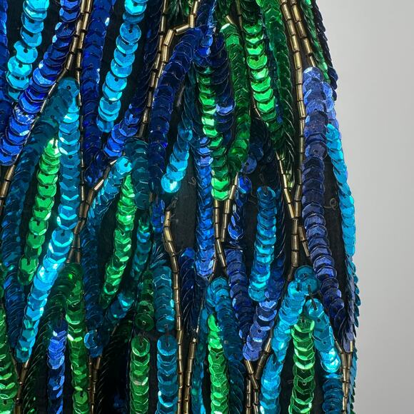 Patchouli Silk Jacket WMNS XL Black Green Blue Beaded Sequin Statement Coat Vtg - Picture 5 of 12